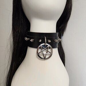 Black collar choker fashion collar with pentagram and spikes